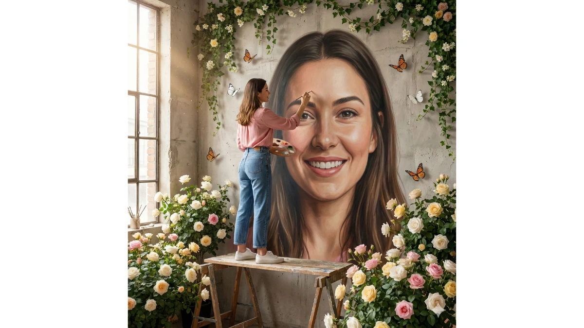 10 Gemini AI Photo Editing Prompts for Girls: Creating a Giant Floral Self-Portrait Mural in a Sunlit Studio