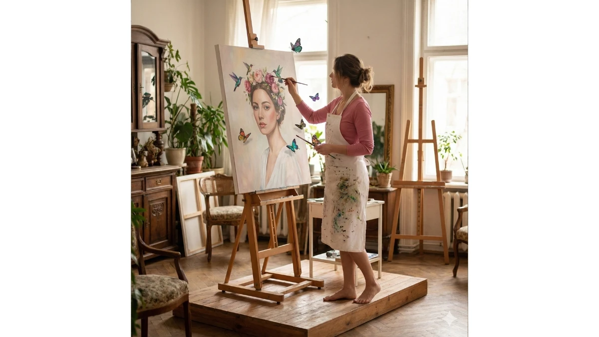 10 Gemini AI Photo Editing Prompts for Girls: Creating a Giant Floral Self-Portrait Mural in a Sunlit Studio