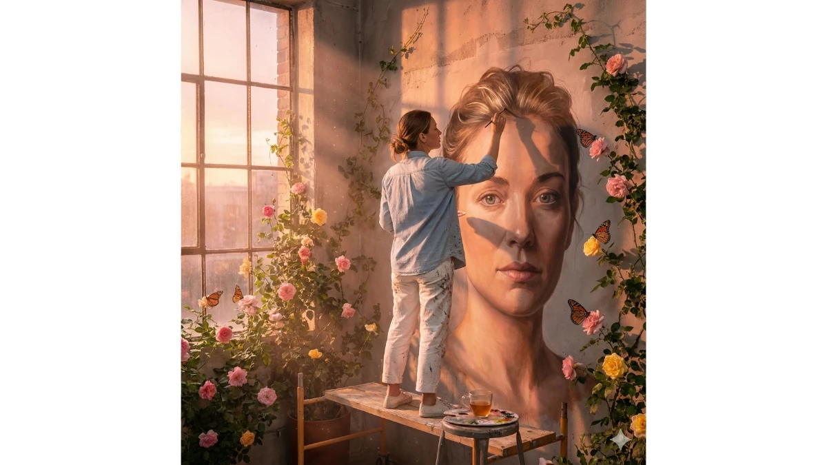 10 Gemini AI Photo Editing Prompts for Girls: Creating a Giant Floral Self-Portrait Mural in a Sunlit Studio