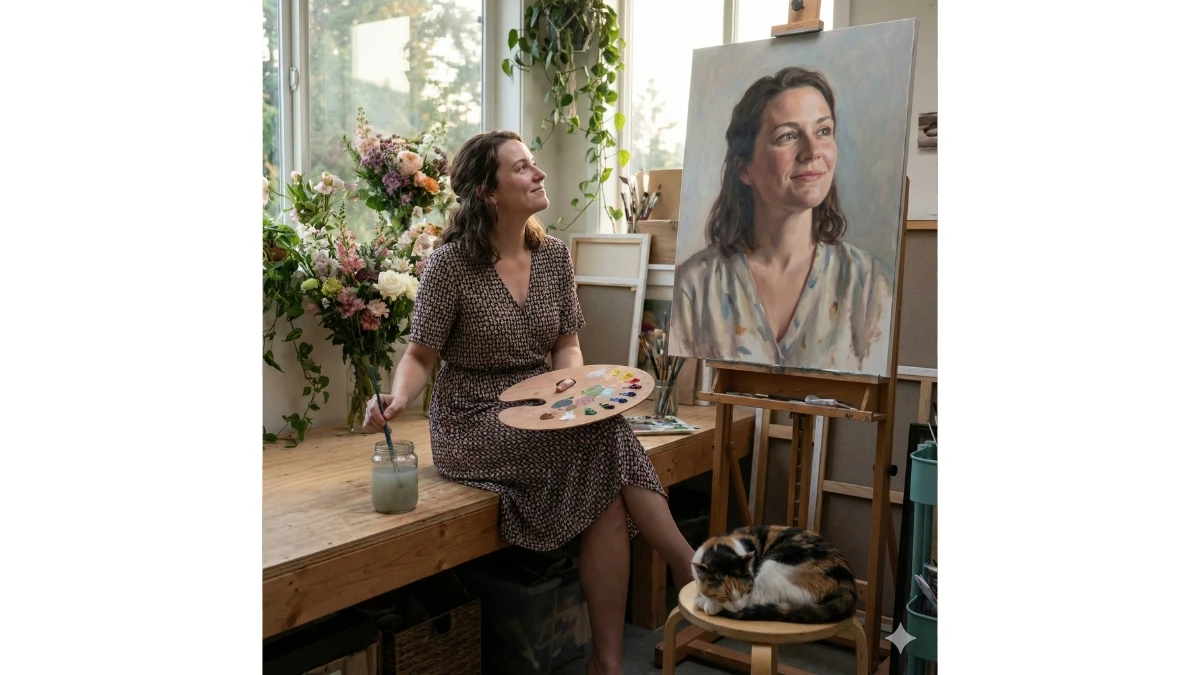 10 Gemini AI Photo Editing Prompts for Girls: Creating a Giant Floral Self-Portrait Mural in a Sunlit Studio