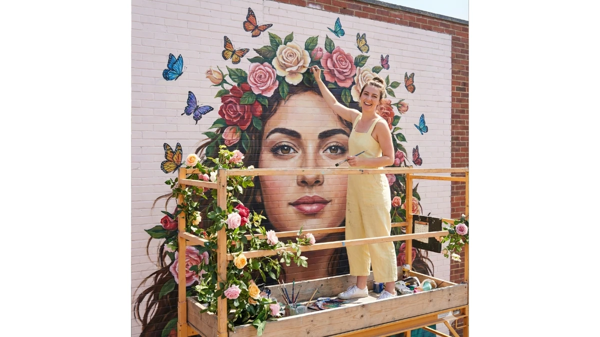 10 Gemini AI Photo Editing Prompts for Girls: Creating a Giant Floral Self-Portrait Mural in a Sunlit Studio