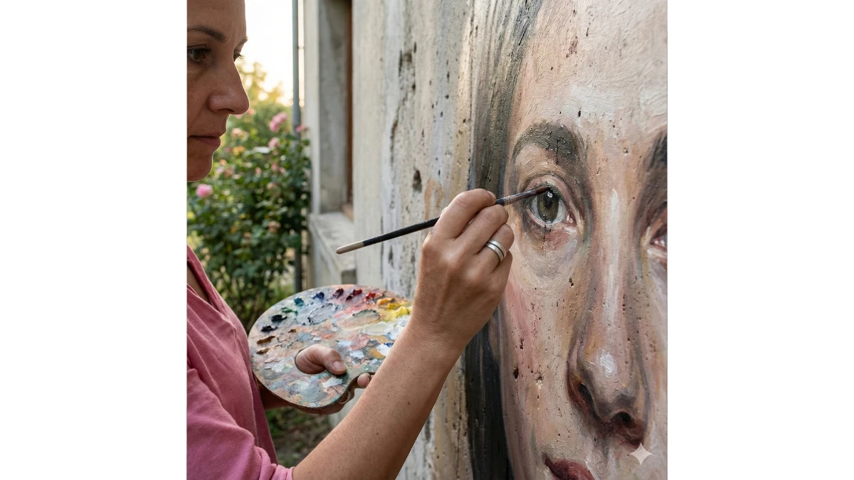 10 Gemini AI Photo Editing Prompts for Girls: Creating a Giant Floral Self-Portrait Mural in a Sunlit Studio