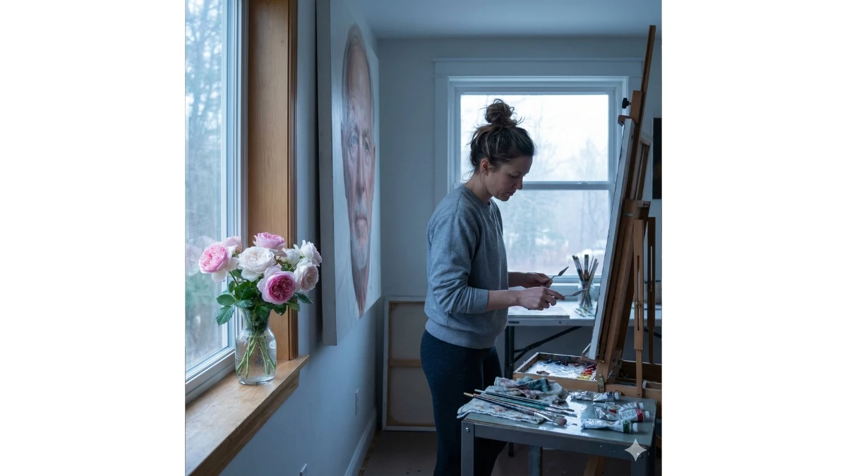 10 Gemini AI Photo Editing Prompts for Girls: Creating a Giant Floral Self-Portrait Mural in a Sunlit Studio