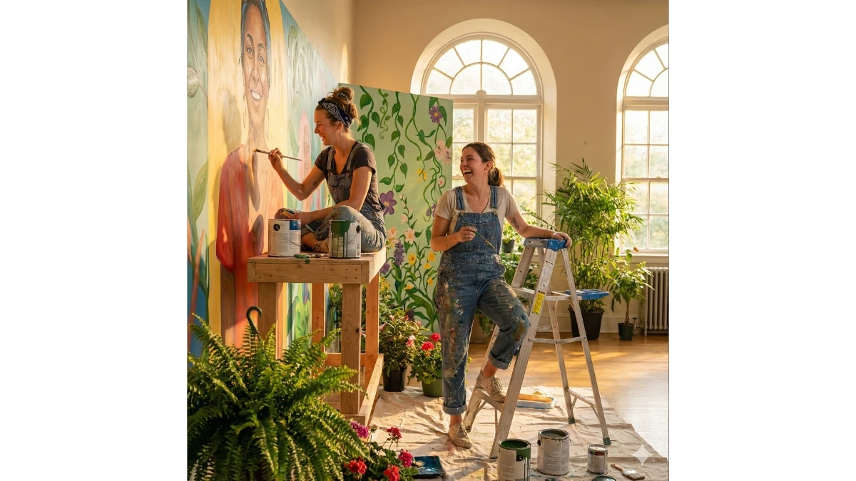 10 Gemini AI Photo Editing Prompts for Girls: Creating a Giant Floral Self-Portrait Mural in a Sunlit Studio