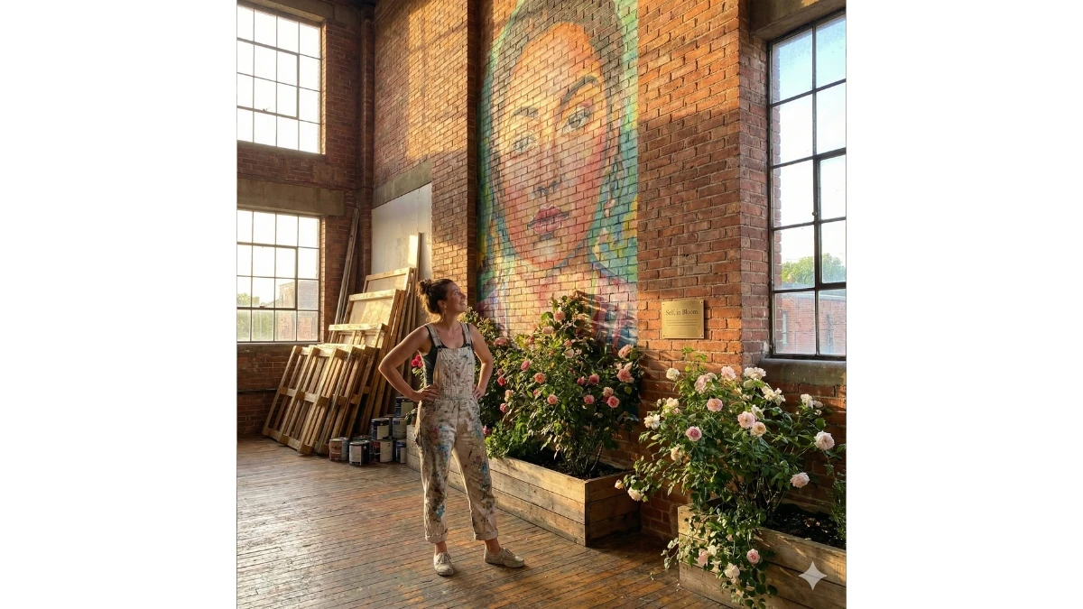 10 Gemini AI Photo Editing Prompts for Girls: Creating a Giant Floral Self-Portrait Mural in a Sunlit Studio