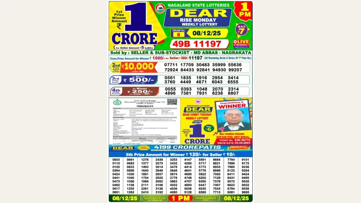 Nagaland State Dear Lottery Sambad Result Today 1 PM (8 Dec 2025) OUT: Check all Dear Rise Morning Monday Winning Numbers Here