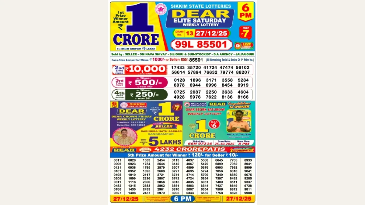 Nagaland Dear Lottery Result Today 27/12/2025 6 PM OUT: Check all Dear Elite Day Saturday Winning Numbers Here