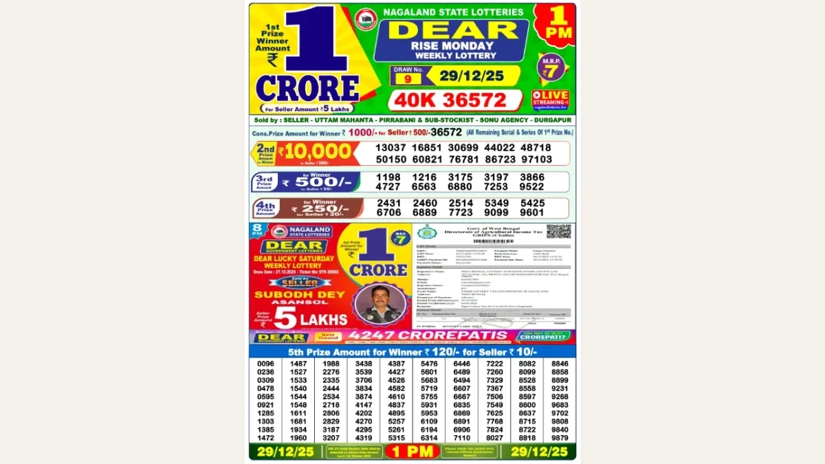 Nagaland Dear Lottery Result Today 29/12/2025 1 PM OUT: Check all Dear Rise Morning Monday Winning Numbers Here