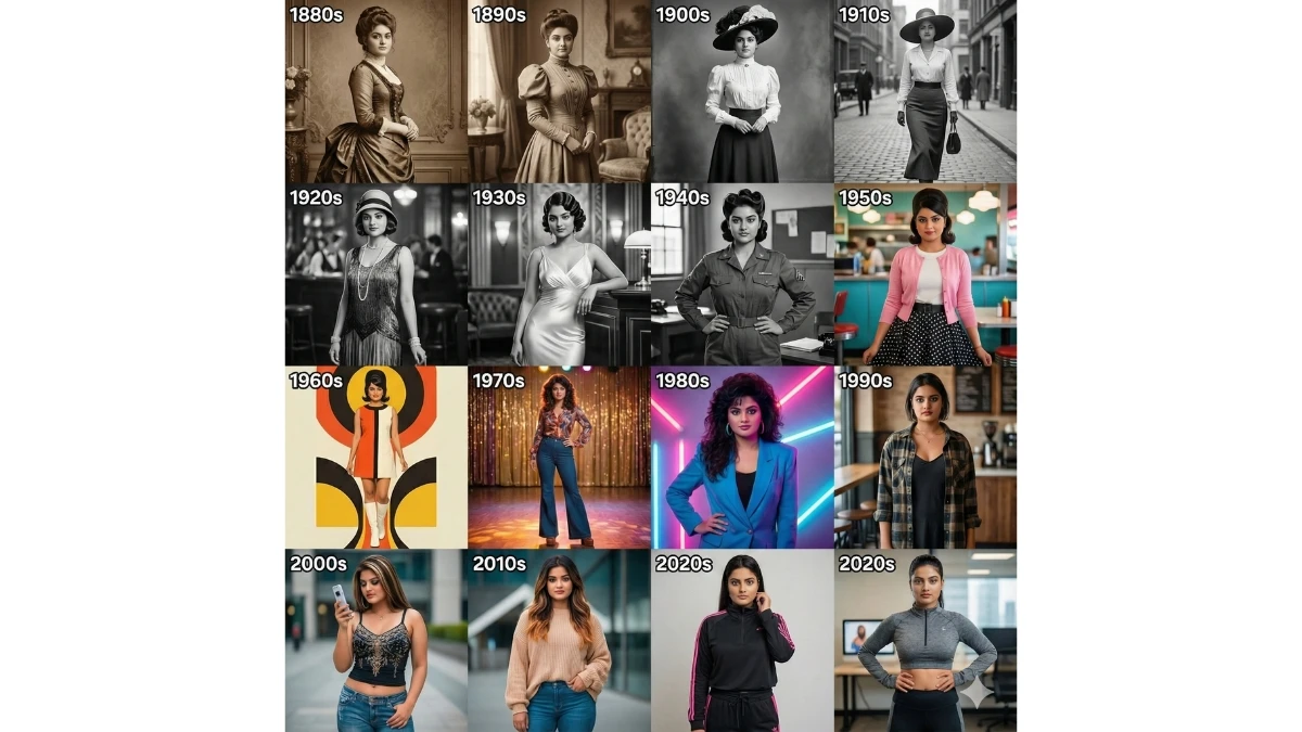 Time Travel Through Fashion Gemini AI Pro Prompt: A 4×4 Grid of Decades from the 1880s to the 1920s