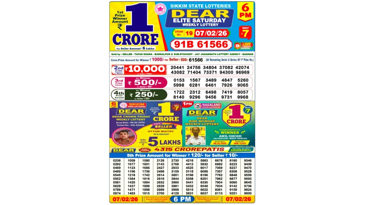 Nagaland Dear Lottery Result Today 07/02/2026 6 PM OUT: Check all Dear Elite Day Saturday Winning Numbers Here