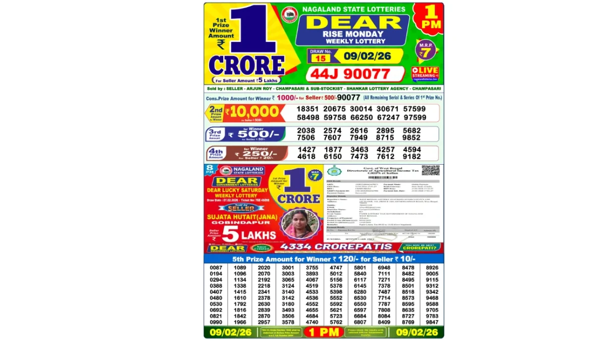 Nagaland Dear Lottery Result Today 09/02/2026 1 PM: Check all Dear Rise Morning Monday Winning Numbers Here