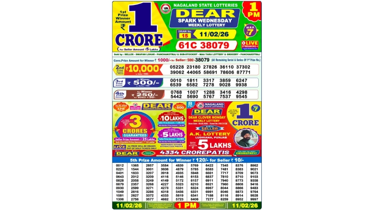 Nagaland Dear Lottery Result Today 11/02/2026 1 PM OUT: Check all Dear Spark Morning Wednesday Winning Numbers Here